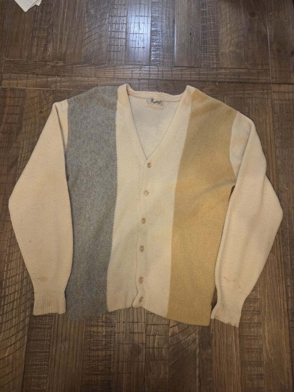Vtg 60s 70s Wool Alpaca Cardigan Sweater Cream Stripe M Grunge Kurt Cobain Style